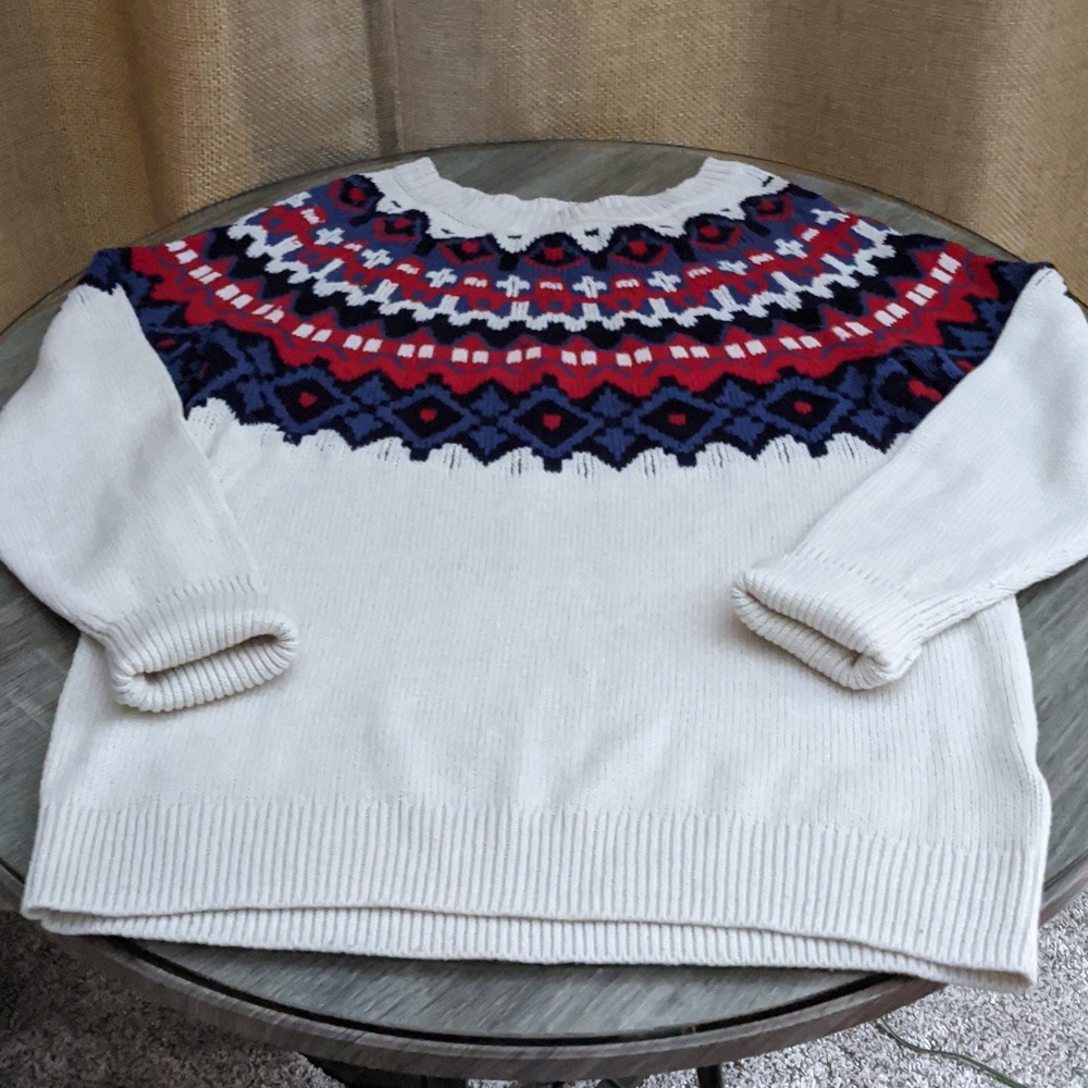 Fair Isle Nordic Cream Red Blue Yoke Knit Long Sleeve Sweater Small